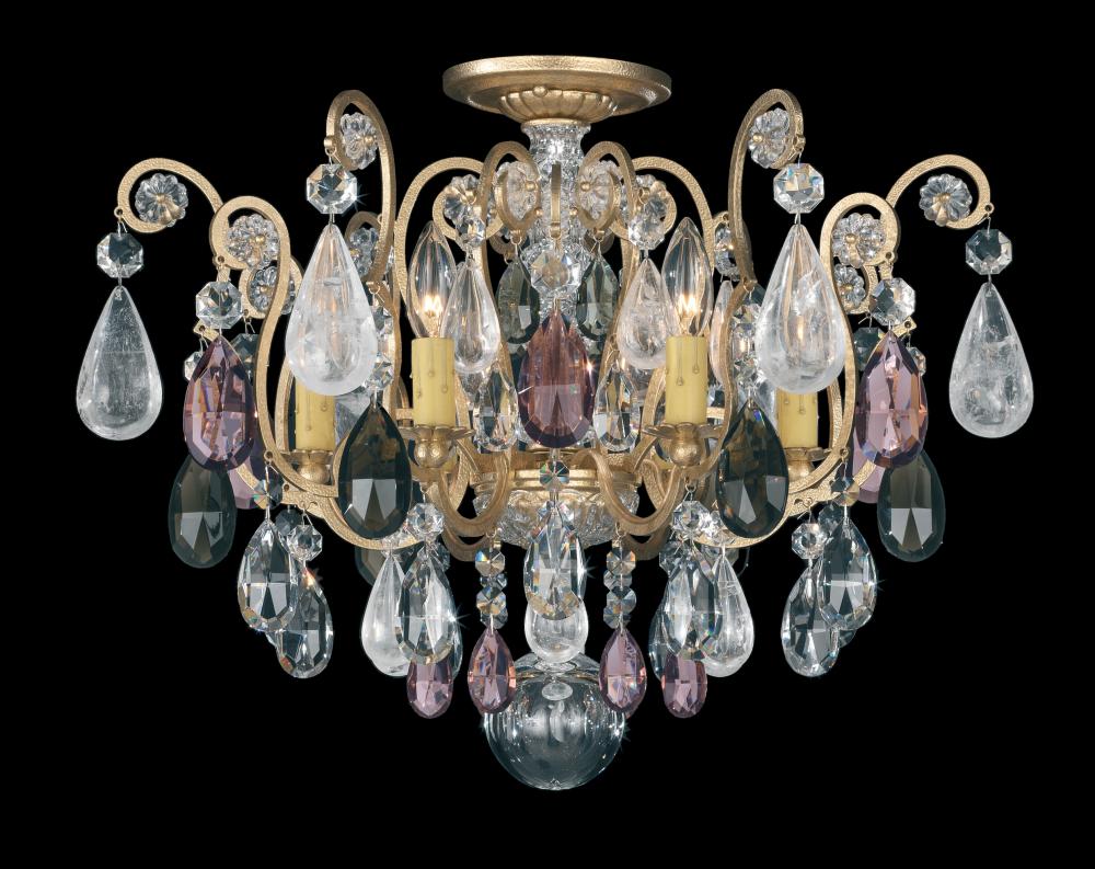 Renaissance Rock Crystal 6 Light 120V Semi-Flush Mount in French Gold with Amethyst & Black Diamou